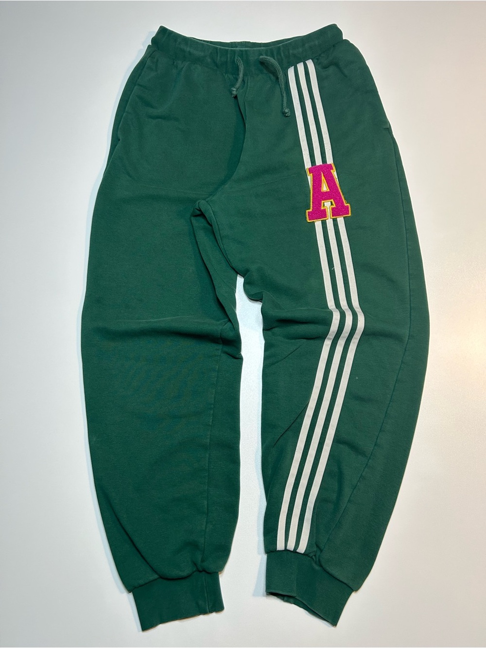 adidas Originals Green 3-Stripes Varsity Chenille Letter A Fleece Joggers